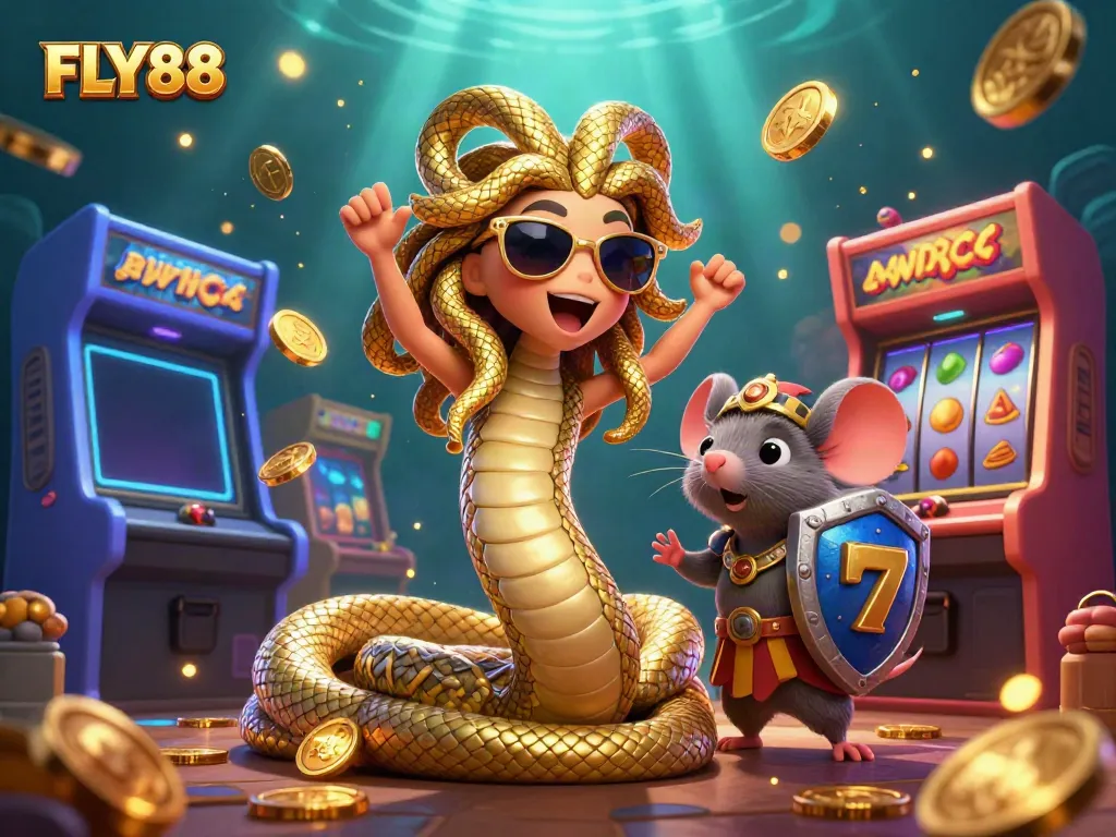 Experience FLY88's thrilling gaming adventure with Medusa and friends amidst dynamic slot machines.