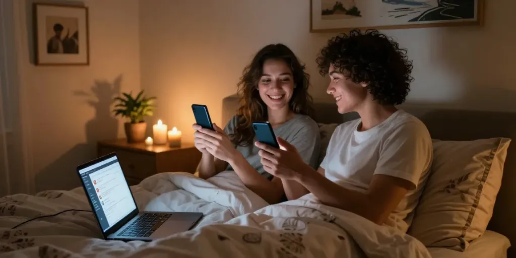 Couple engaging in ai sexting in a cozy bedroom setting with soft lighting.