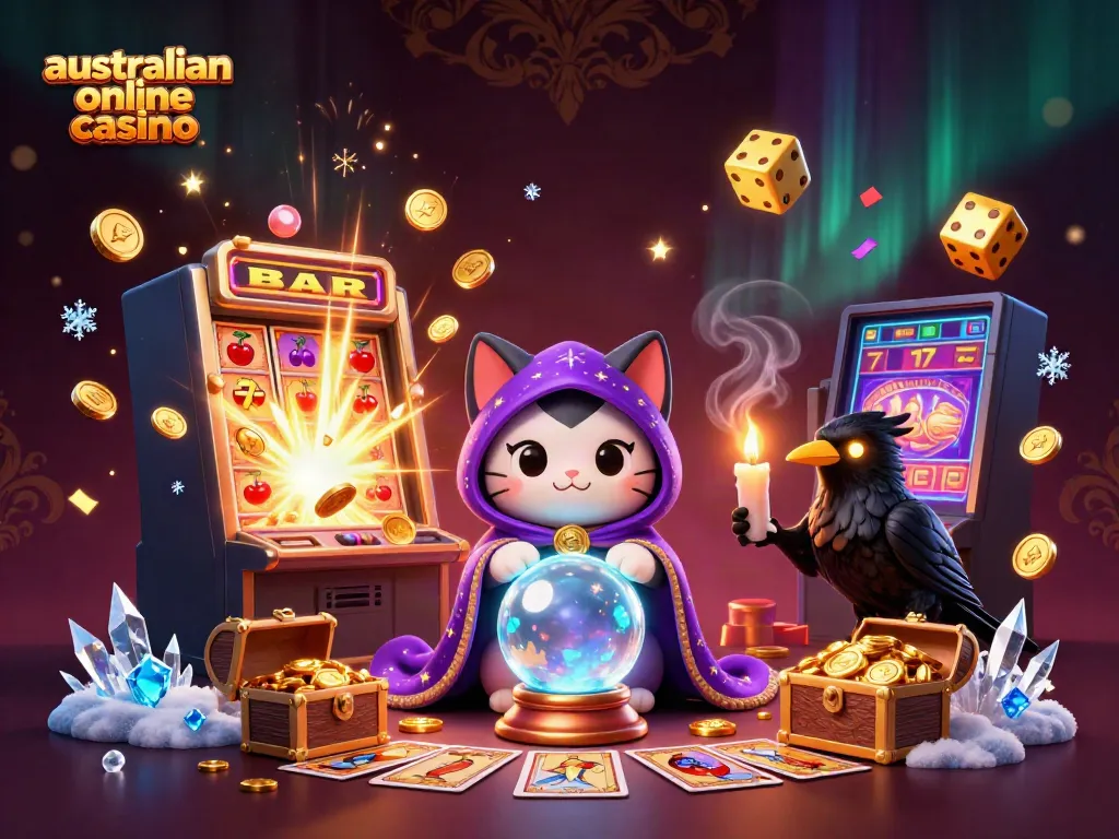 Experience thrilling gameplay at australian online casino with a vibrant 3D casino scene featuring lucky symbols and mystic characters.