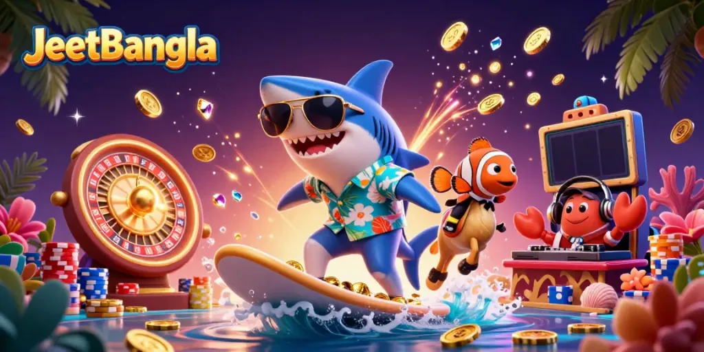 Experience JeetBangla's thrilling casino atmosphere with a vibrant 3D illustration of a shark, clownfish, and crab presenting exciting gaming elements.
