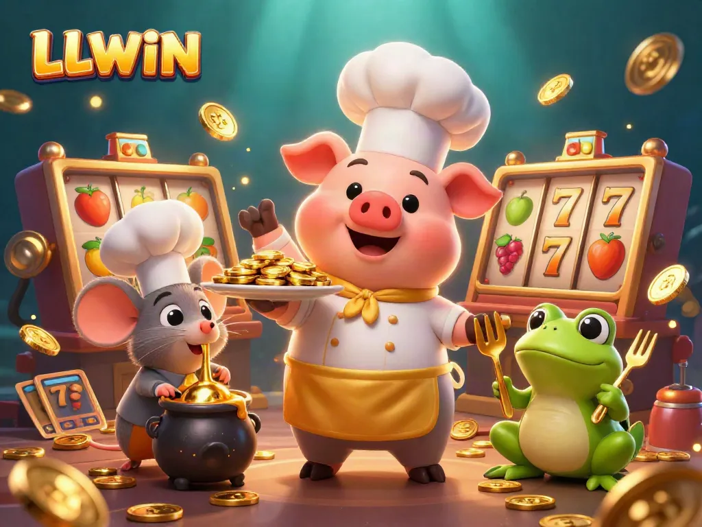 LLWIN showcases a festive casino scene with animated characters and gold coins, celebrating gaming excitement.
