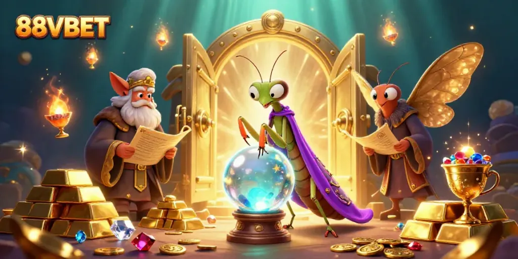 Experience the magic of 88VBET with whimsical characters and dazzling gems in a vibrant casino scene.