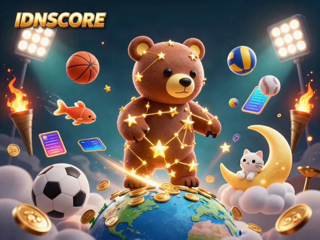 Engage with IDNSCORE as the constellation bear collects gold coins, surrounded by sports-themed elements and vibrant visuals.