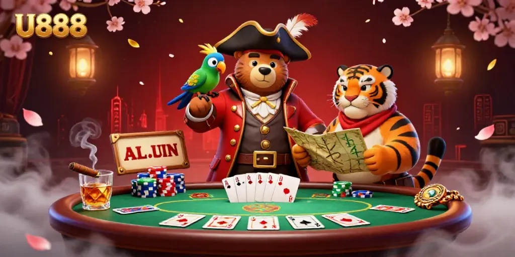 Play poker with U888's cartoon pirate captain bear and tiger, immerse in engaging gaming visuals.