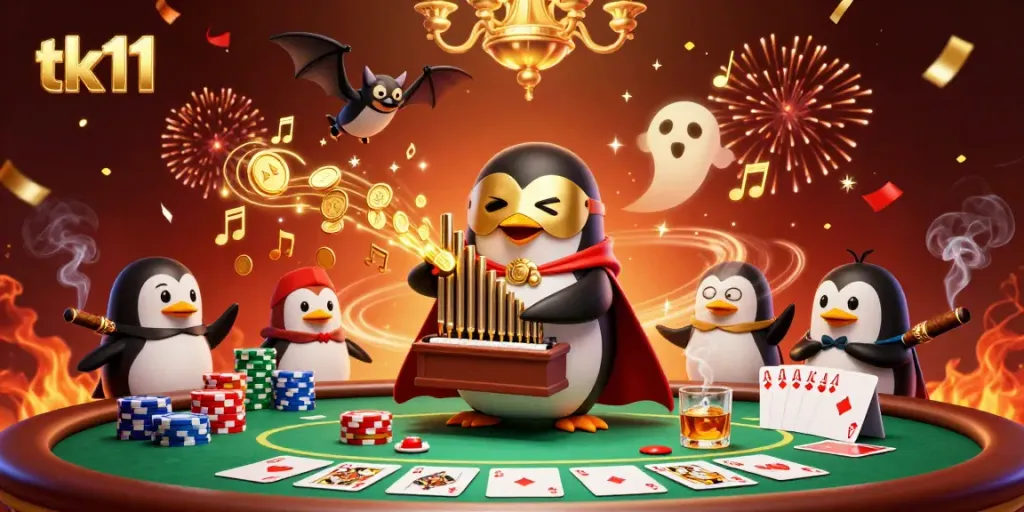 Experience thrilling moments with tk11 at a vibrant casino scene, showcasing playful characters and gambling excitement.