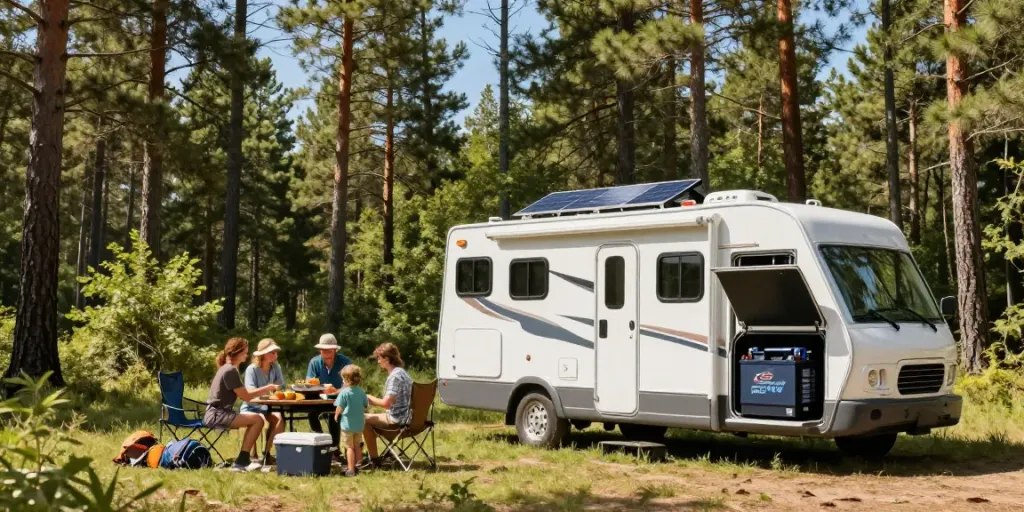 Family enjoying a day outdoors with an RV featuring an rv lithium battery visible.