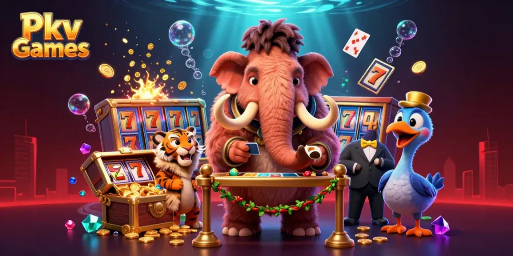 Experience the excitement of Pkv Games with a vibrant casino scene featuring unique characters and dynamic gaming elements.