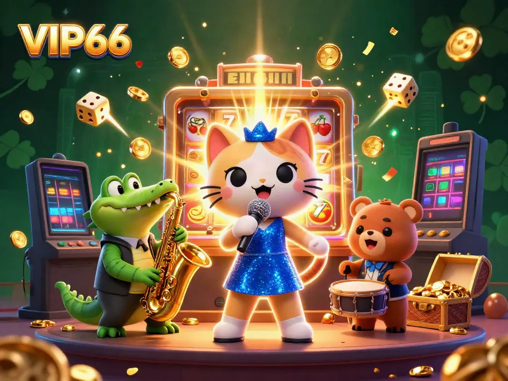 VIP66 themed 3D illustration showcasing vibrant characters celebrating casino wins with a dynamic atmosphere.