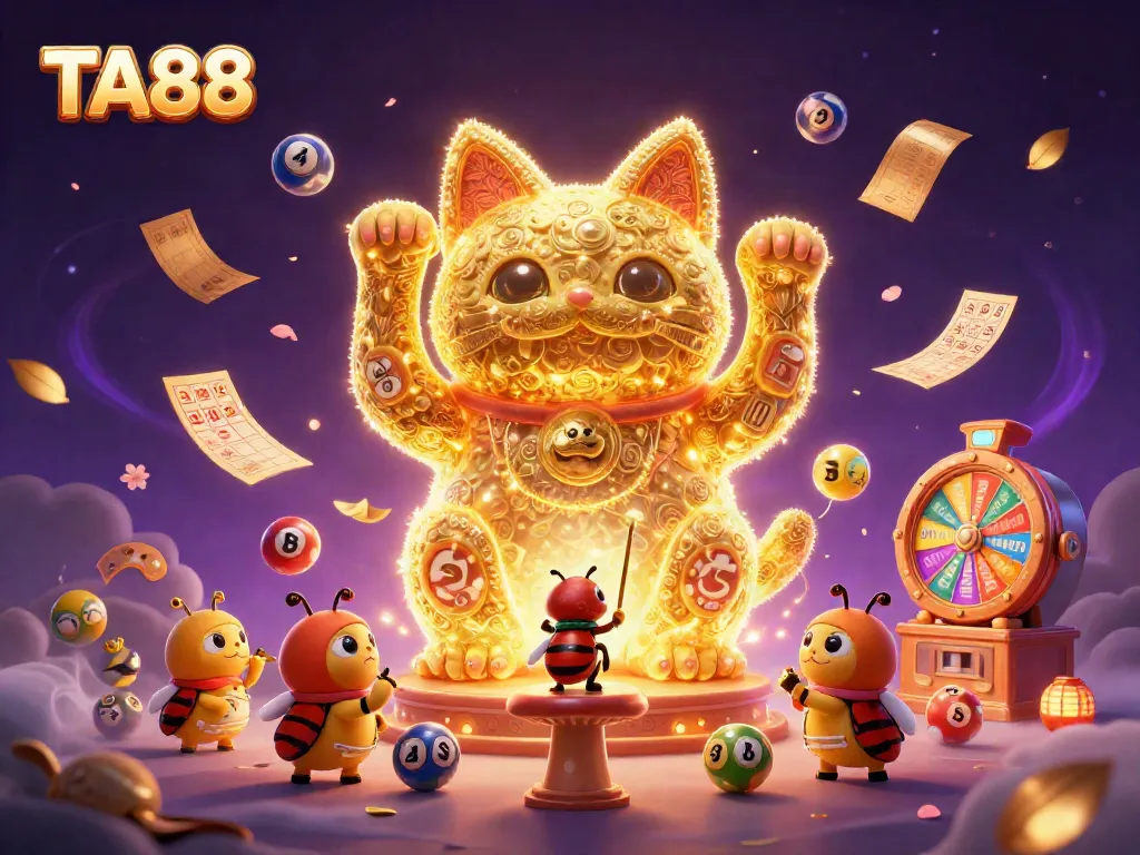 Experience the excitement of TA88 with a dynamic golden lucky cat and casino symbols in a vibrant scene.