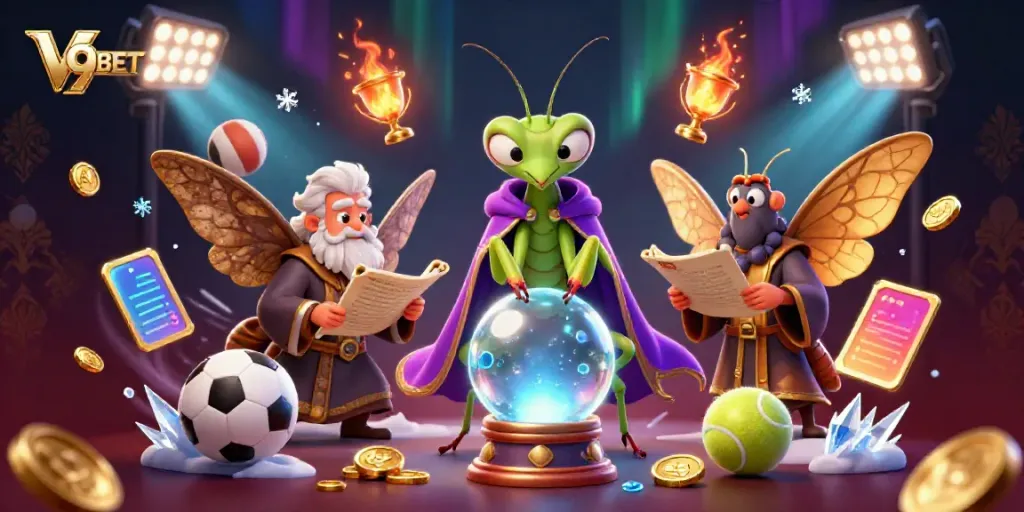 Experience the thrill of V9BET with a vibrant 3D illustration featuring fortune tellers and sports elements.