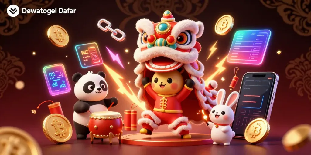 Dewatogel Daftar lively lion dance illustration showcasing vibrant gaming elements and crypto symbols.