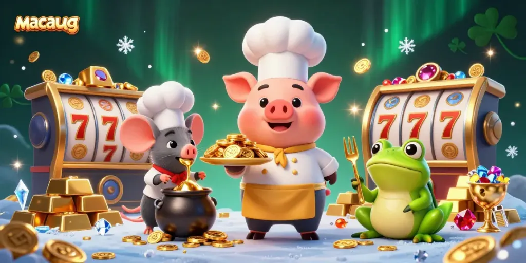 Experience macaugg's vibrant gaming scene with cartoon characters celebrating winning moments.