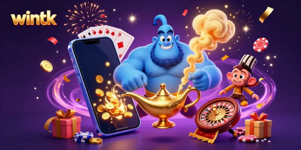 Engage with the magical world of wintk featuring a genie, poker chips, and vibrant slot games.