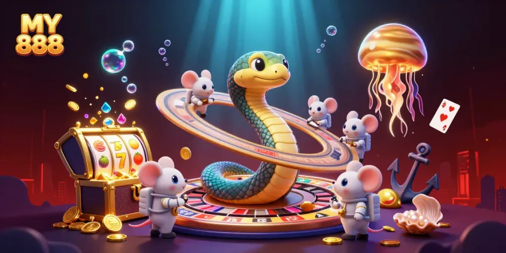 Engage with MY 888 as astronaut mice play around a cosmic roulette wheel amidst vivid gambling themes.