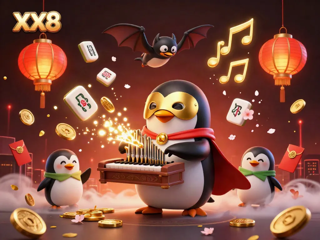 Experience the allure of XX8 with a captivating penguin and treasures in a vibrant casino scene.