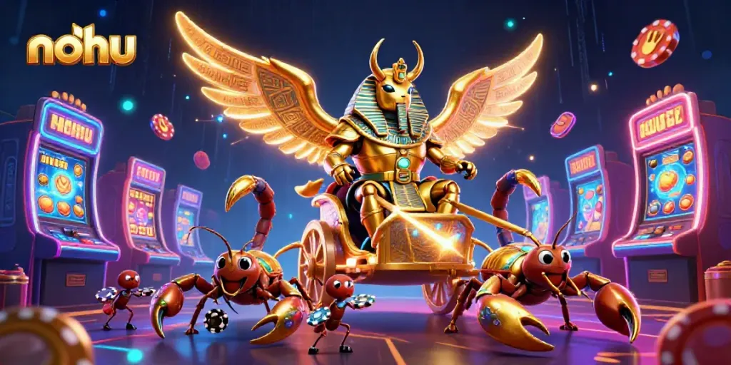 NoHu soaring through vibrant casino visuals, connecting players with exciting slot experiences.