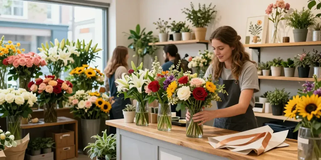 Florist Adelaide creating vibrant bouquets in a cozy shop.