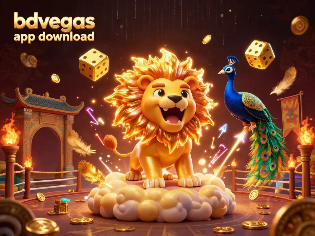 Experience the thrill of gaming with the bdvegas app download featuring a vibrant 3D illustration of a lion amidst golden gambling elements.