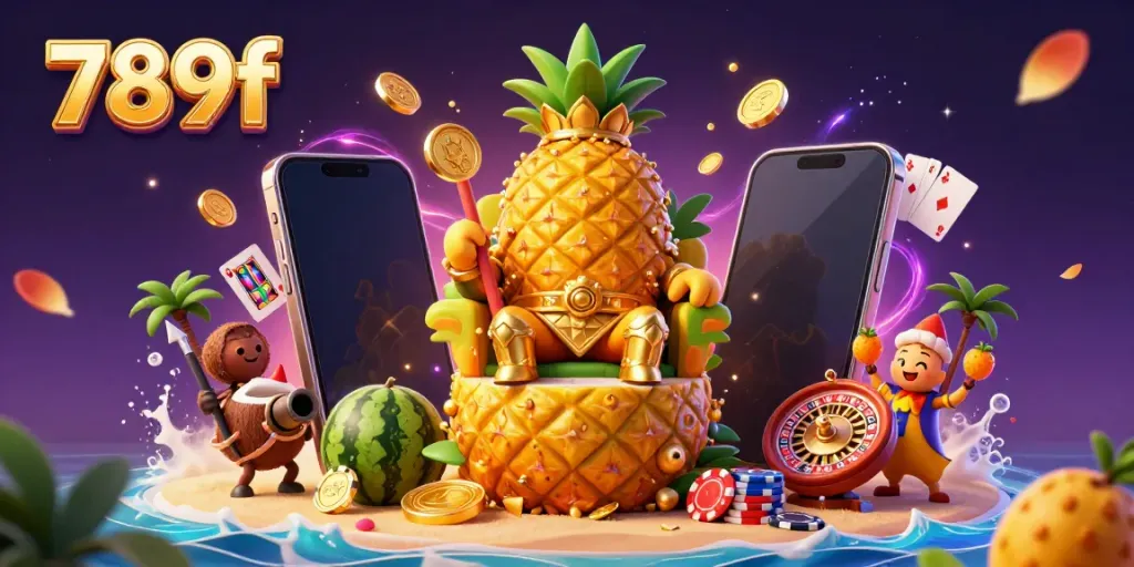 Engage with thrilling 789f gaming vibes featuring a golden pineapple king with enticing casino elements.