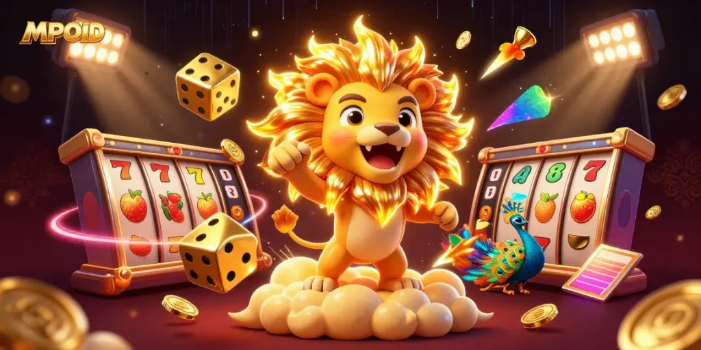 MPOID offers a dynamic gaming experience featuring large golden dice, slot elements, and a vibrant casino atmosphere.