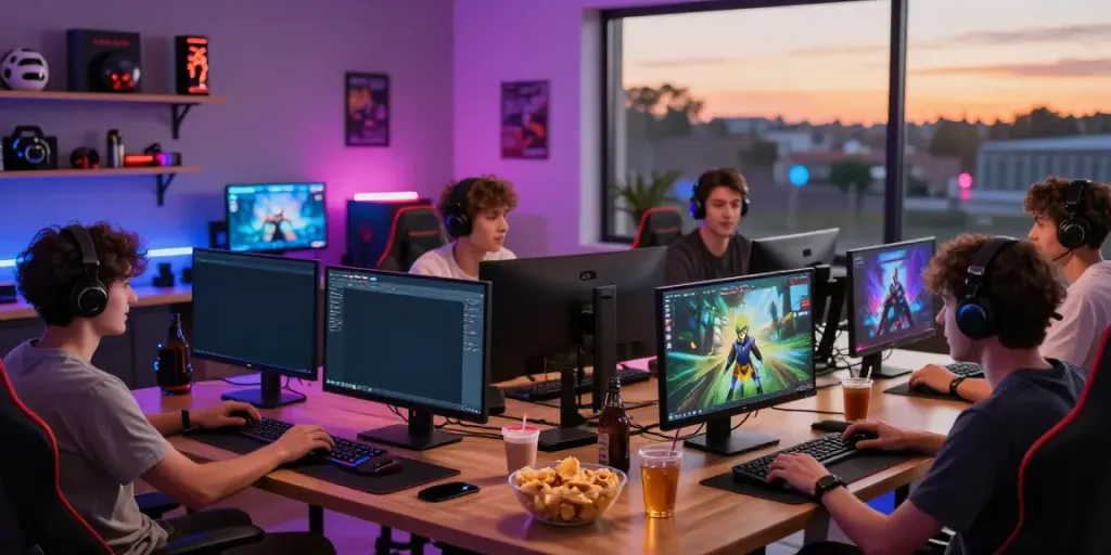 Pohon4D - Pemain menikmati berbagai jenis permainan online dalam ruang gaming yang ceria.