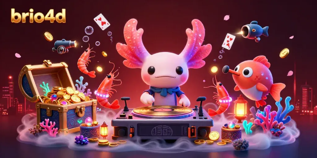 Engage with brio4d's lively gaming scene as the neon axolotl DJ spins underwater, surrounded by vibrant treasures.