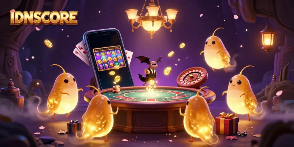 IDNSCORE showcases a lively casino scene illuminated by glowworms and a bat dealer.