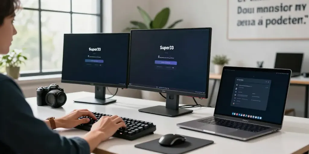 Engaged user on Super33 login screen at modern desk setup, showcasing productivity tools.