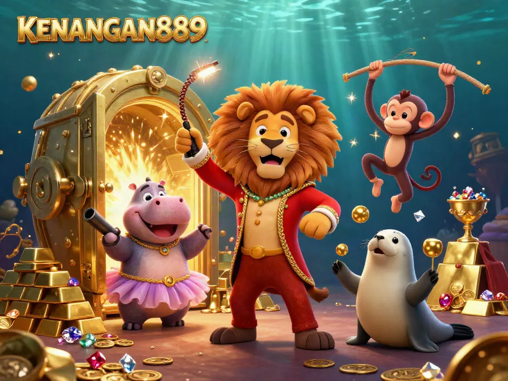 Experience vibrant gaming with KENANGAN889 as a lively lion, hippo, monkey, and seal celebrate amid treasures and gold.