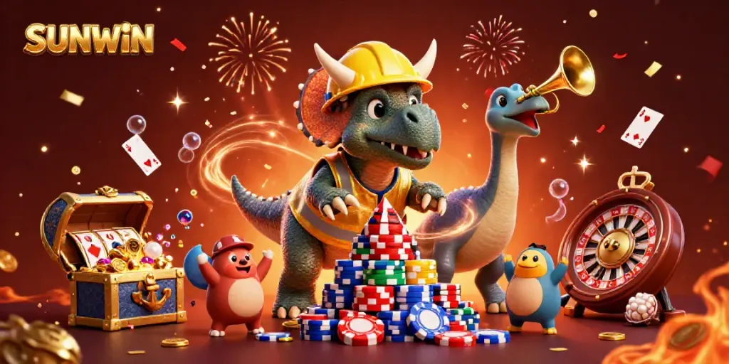 Join the fun at SUNWIN with cartoon dinosaurs and casino elements celebrating victory!
