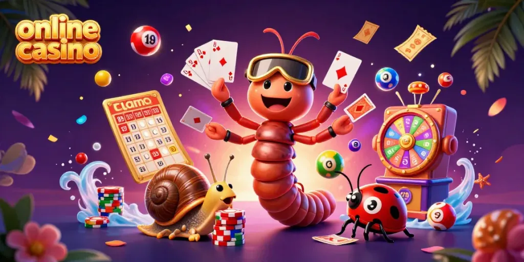 Experience the excitement of an online casino with a colorful 3D scene featuring a whimsical millipede dealer and dynamic game elements.