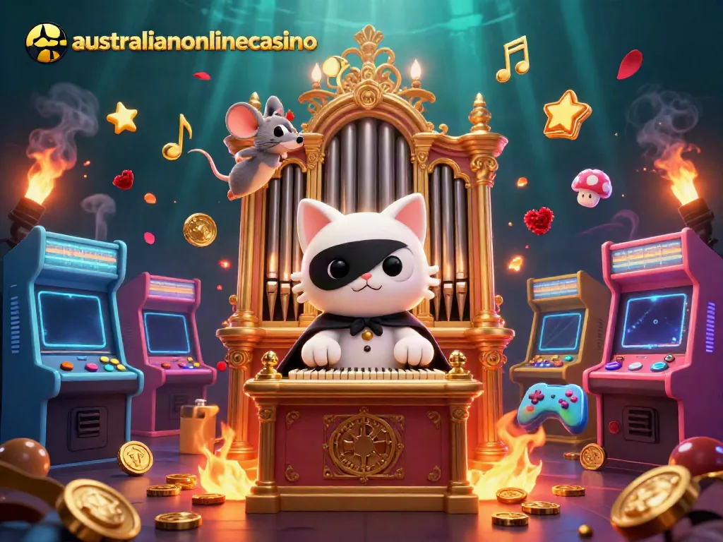 Experience the vibrant world of australianonlinecasino with a whimsical cat and mouse in a lively casino setting.