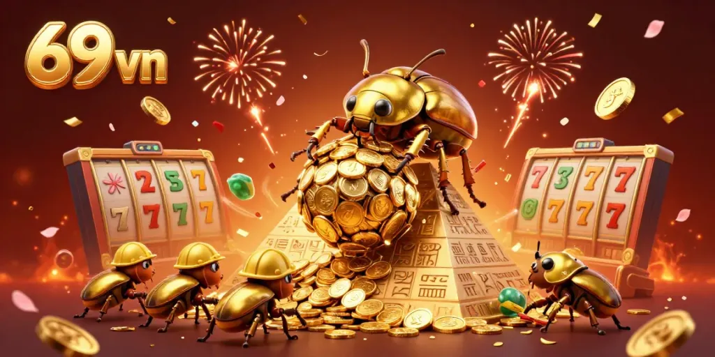 Explore thrilling gaming with 69 vn as golden dung beetles celebrate and roll in riches.