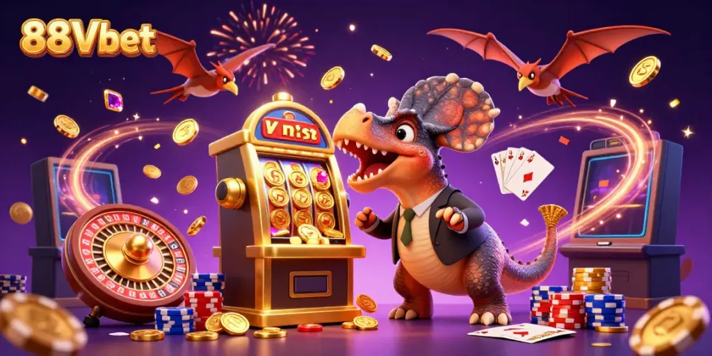 88Vbet showcases a lively casino scene with fantastic creatures celebrating a jackpot win.