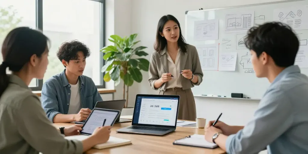 Team collaborating on a project using an affordable AI transcription service in a bright office.