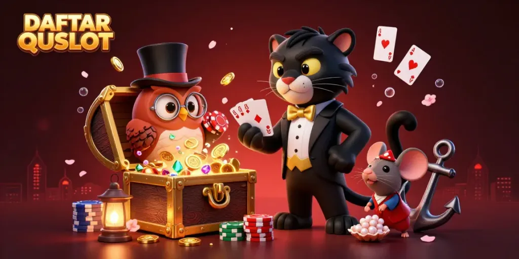 Experience the excitement of DAFTAR QQSLOT with a cartoon black panther dealing cards surrounded by treasures.
