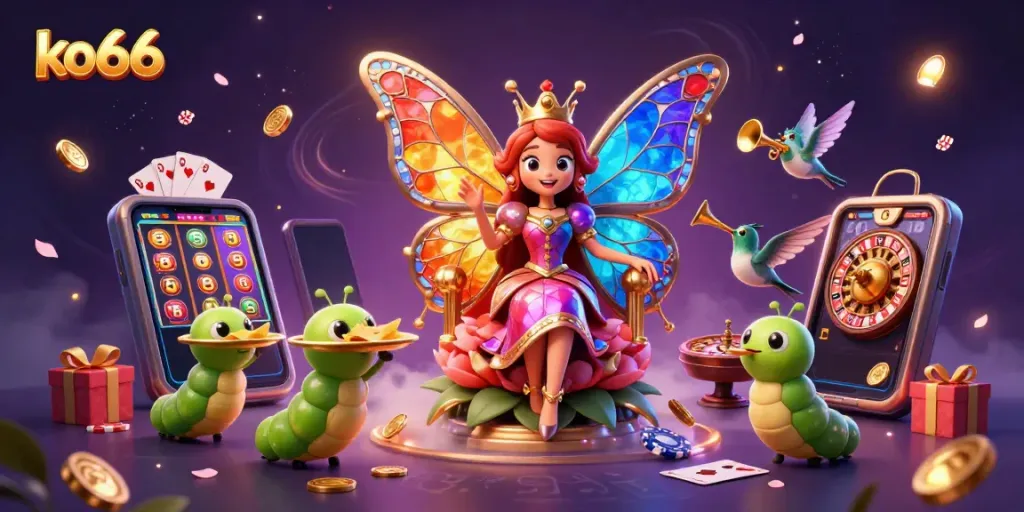 Experience thrilling wins at ko66 with an enchanting butterfly queen surrounded by captivating casino games.