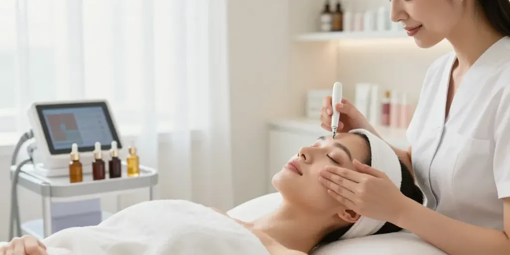Client experiencing Augenringe entfernen treatment in serene beauty clinic.