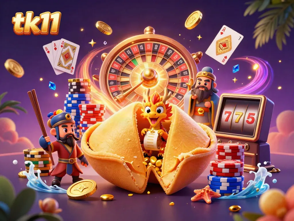 tk11 engaging with colorful casino elements, featuring a golden fortune cookie and dragon.
