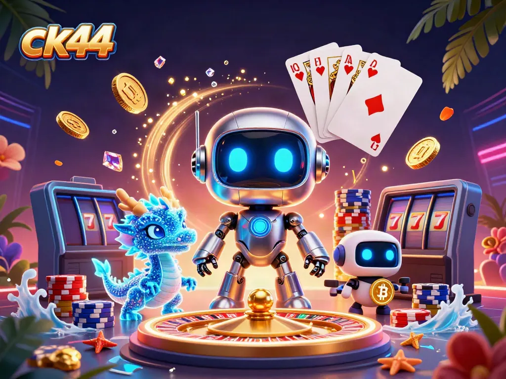 Experience excitement with ck44's vibrant casino scene featuring a cyberpunk robot, coins, and games.