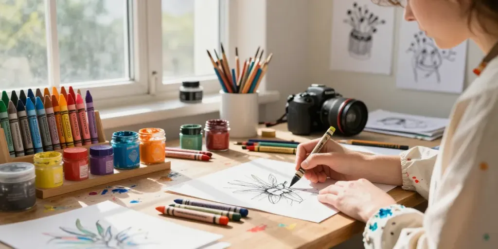 Creative workspace featuring crayon manufacturers' products, with an artist using beeswax crayons to sketch in a sunlit studio.