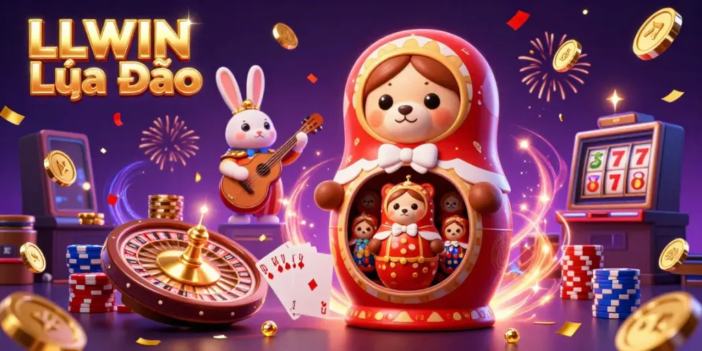 Experience the vibrant energy of LLWIN Lừa Đảo with a lively casino scene full of animated characters and games.