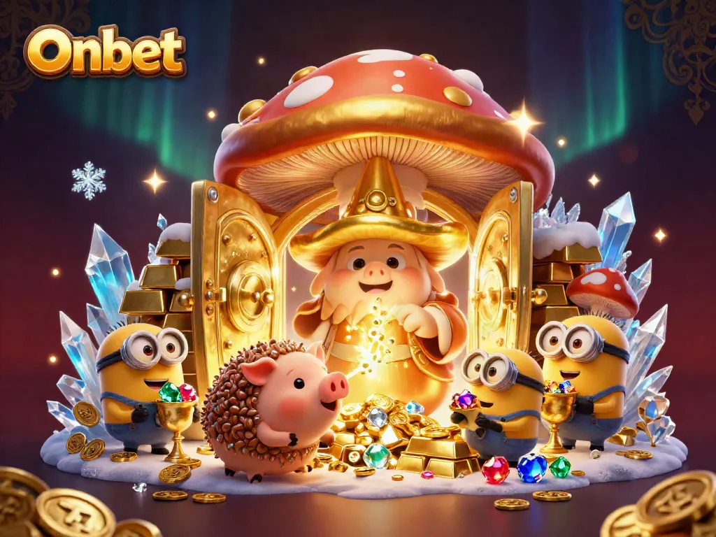 Onbet wizard transforms magical treasures in a vibrant casino scene filled with gold and gems.