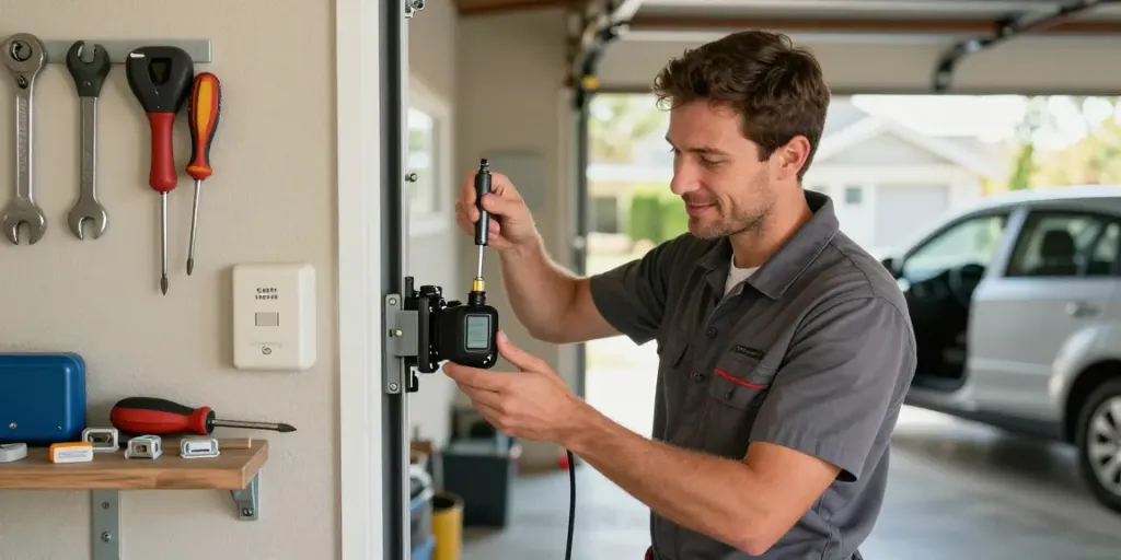 Technician performing garage opener repair near me in a sunny garage