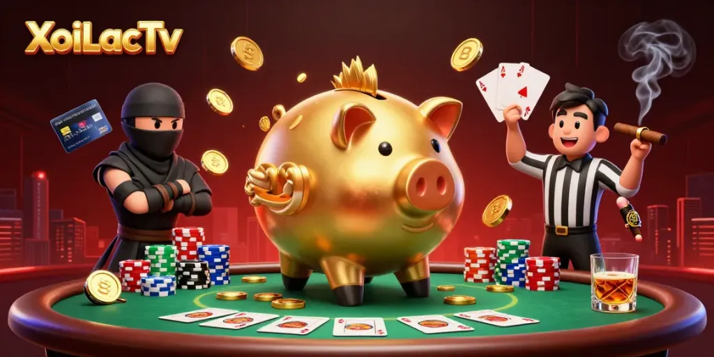 XoiLacTv brings lively action with a sumo wrestler piggy bank, ninja, and samurai in a dynamic casino scene.