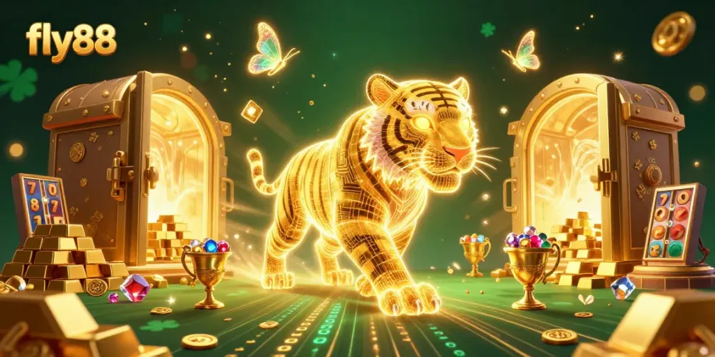 Experience excitement with fly88 as a neon tiger prowls a digital casino filled with treasures and interactive slots.
