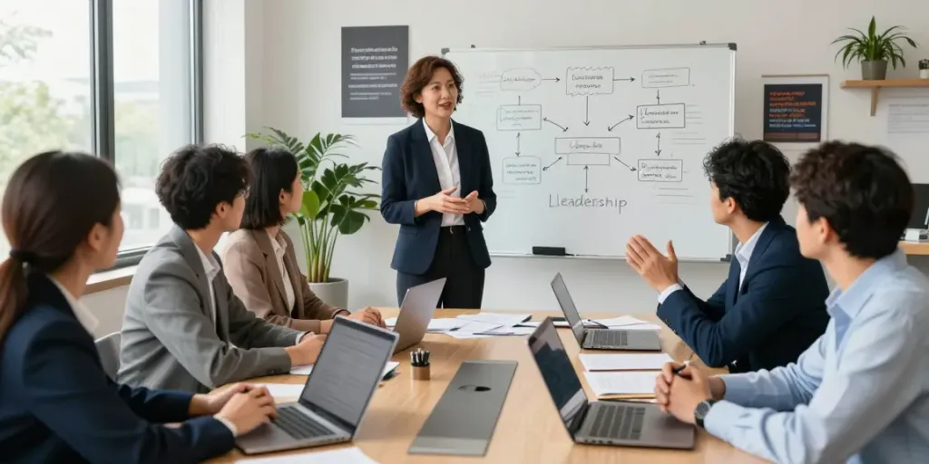 Leadership coach Connecticut facilitating a dynamic team workshop in a bright office.