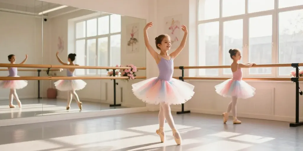 Tutu store showcasing a young dancer in a vibrant tutu practicing ballet in a sunlit studio.