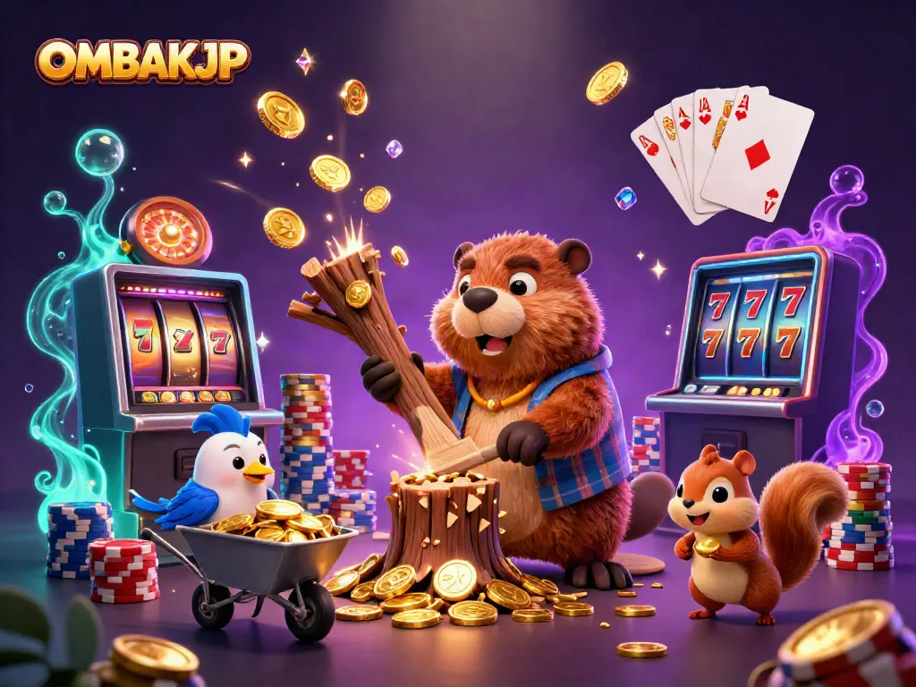 Experience OMBAKJP excitement with a vibrant casino illustration featuring playful characters and golden treasures.