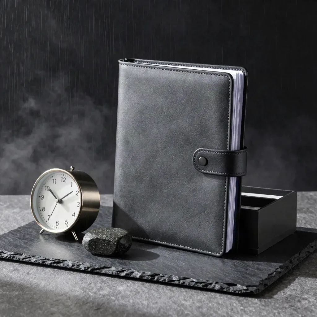 Graphite audit folio, metal clock, paperweight, and file tray on slate in moody studio light.